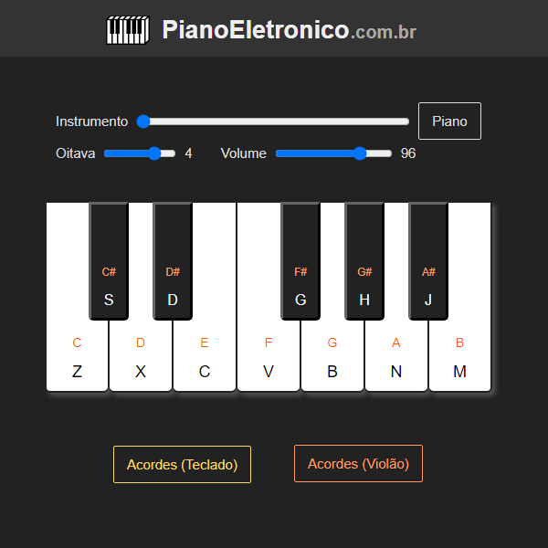 Piano virtual do site Piano Eletrônico