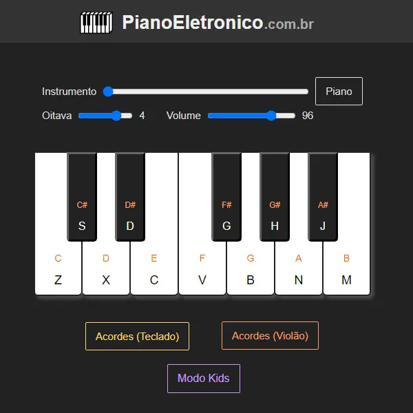 Piano virtual do site Piano Eletrônico