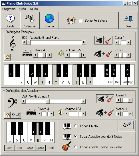 Tela principal do Piano Eletrônico 2.6